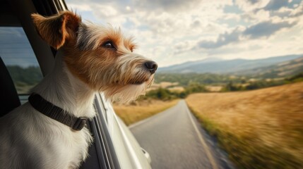Pets on a road trip. Featuring car interiors and scenic routes. Emphasizing adventure and companionship. Ideal for travel product advertisements and pet travel blogs.