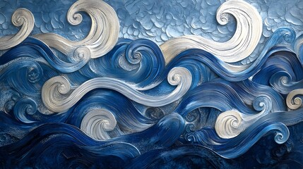 Fototapeta premium Abstract ocean waves, swirling white curls on deep blue background, conveys movement and tranquility, suitable for relaxation themes.