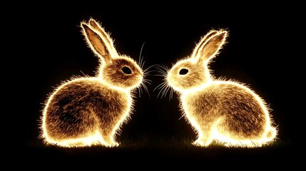 Obraz premium Illuminated Rabbits Glowing Brightly in Darkened Space Digital Art with Soft Fur and Whisker Details