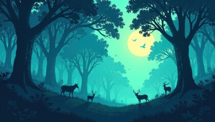 Ancient forest with blue and green silhouettes of trees and animals, ancient, animals, outdoors