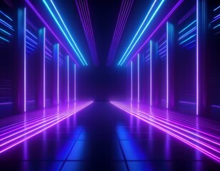 Naklejka premium 3d render, blue pink violet neon abstract background, ultraviolet light, night club empty room interior, tunnel or corridor, glowing panels, fashion podium, performance stage decorations.