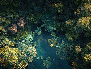 Fototapeta premium Peaceful natural scene of pond surrounded by foliage with lilies blooming at center.