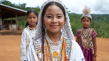 Indigenous Girl Smiling Wearing Ceremonial Headdress and Beads with Girl in Background Outdoors