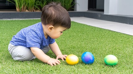 Infant Discovery Playtime with Balls on Green Artificial Turf Outdoors Child Development Exploration