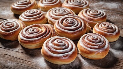 Fototapeta premium Freshly baked cinnamon rolls with a golden crust, swirls of cinnamon filling, and drizzled with icing. Perfect for bakery, dessert, and food photography, evoking warmth and delicious aroma
