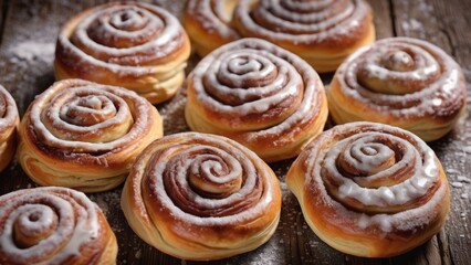 Freshly baked cinnamon rolls with a golden crust, swirls of cinnamon filling, and drizzled with icing. Perfect for bakery, dessert, and food photography, evoking warmth and delicious aroma