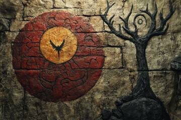 Fototapeta premium Ancient mural depicting a mysterious symbol and a stylized tree carved into a stone wall