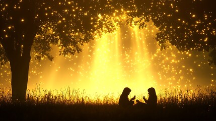 Fototapeta premium Intimate Encounter Under Illuminated Tree Canopy Golden Light Silhouette Scene Fantasy Narrative