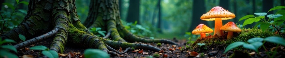 Ancient tree roots with glowing mushrooms and large leafy greens, mystical fungi, eerie forest floor, natural decay