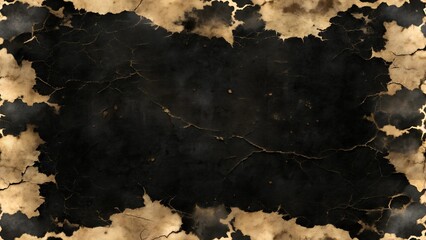 Obraz premium A dark grunge background image features a black, cracked texture framed by a burnt, goldtoned border. The cracks are thin and spread across the surface, creating an abstract design.