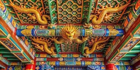 Naklejka premium Golden Dragon Palace Ceiling: Intricate Chinese Art & Architecture Stock Photo