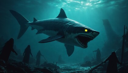 Obraz premium Submerged Encounter A Shark and Mysterious Figures in an Underwater Realm