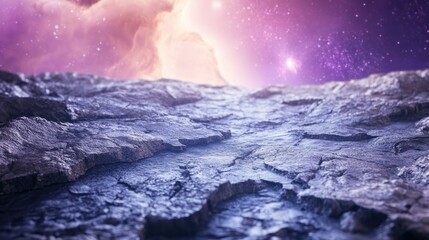 A highly detailed alien planet surface with cracked, glowing mineral veins, strange rock formations, and a distant cosmic nebula. 4K ultra-realistic photography.