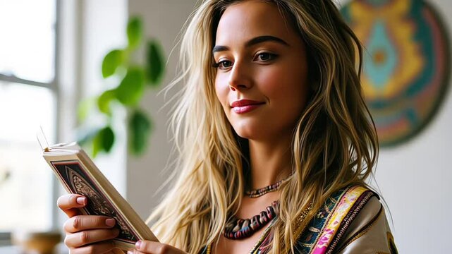 young woman plays solitaire tarot cards