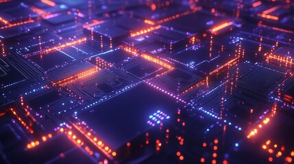 Abstract Technology Background, Futuristic Digital Circuit Board Design with Glowing Lines and Dots