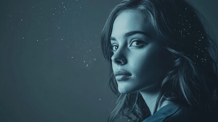 blue-toned portrait of a young woman