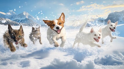 Pets playing in the snow, featuring dogs and cats enjoying winter activities. Emphasizing fun and adventurous spirit. Ideal for winter-themed social media posts and pet blogs.