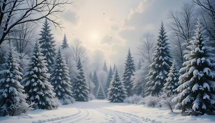 Snow-covered pines and winding path