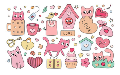 Cute cartoon cats, hand drawn collection for Valentine's Day