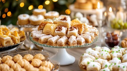 festive eid desserts, a table adorned with classic eid treats like baklava, maamoul, and sheer khurma, set against a blurry backdrop of a festive family gathering