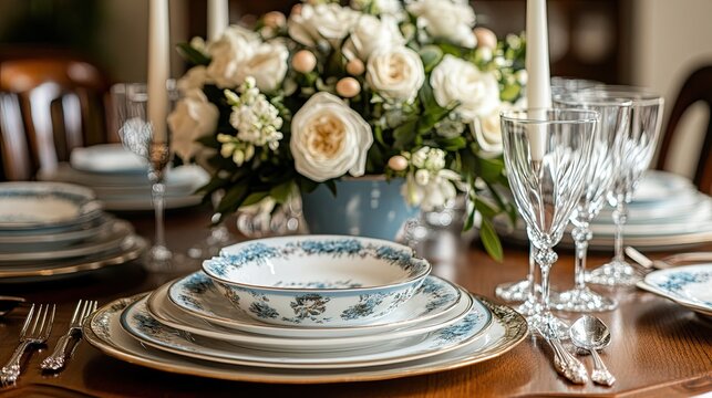Exquisite Table Settings - Exquisite table settings with luxury dinnerware, crystal glassware, and fine linens, creating an atmosphere of sophistication for formal events and dinners.