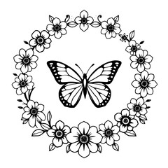 Butterfly, framed by flowers, a black and white illustration.