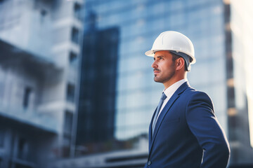 Portrait of an architect wearing suit and safety helmet with arms crossed, smiling in front of modern skyscrapers
