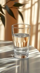 Glass of clear water on sunlit table with soft shadows and natural light. Concept of hydration and wellness.
