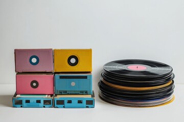 Fototapeta premium Colorful vinyl records and retro cassettes stacked high in a playful arrangement with vibrant designs inspired by K pop culture. Generative AI