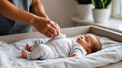 Mother changing clothes of baby at home
