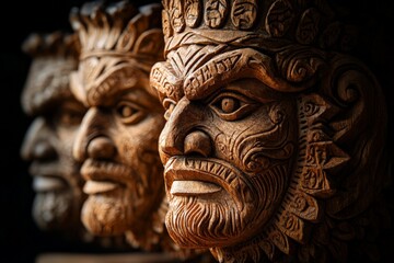 Intricate wooden carvings of ancient warriors displayed in an artisan workshop