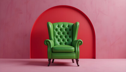 Luxurious Emerald Green Wingback Chair in a Modern Pink Room