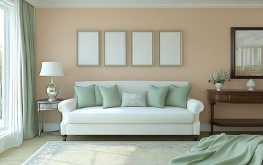 Fototapeta premium Elegant living room interior design, peach walls, white sofa, green pillows, rug