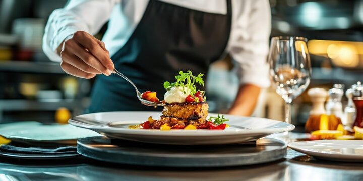 A chef meticulously arranges a gourmet meal with artistic presentation on a restaurant plate, creating an inviting dining experience.