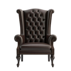 Elegant brown leather armchair with high back design and decorative nailhead trim