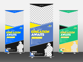 Education or school, college, university and coaching center admission roll up banner design template.