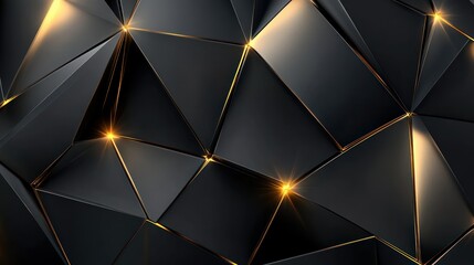 A luxurious 3D geometric composition with black and gold reflective triangular surfaces, illuminated by soft ambient lighting, creating a sophisticated wallpaper. Highly detailed 4K photograph.