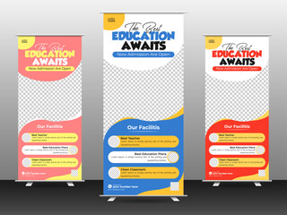 Education or school, college, university and coaching center admission roll up banner design template.