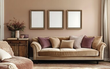 Beige sofa, mauve wall, empty frames, living room interior design mockup