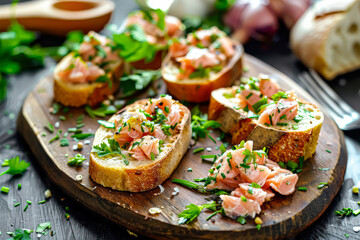 Wooden board with a variety of breads and vegetables on it. The breads are cut into small pieces and the vegetables are chopped up. The board is set on a table with a fork and knife nearby