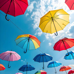 beautiful shot of multicolored floating umbrellas