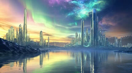 Naklejka premium A metallic alien landscape with reflective liquid mercury pools, futuristic crystalline structures, and an intense cosmic aurora overhead. High-resolution 4K photo.