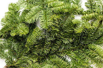 Green fir branches on white background. Winter fir and pine eco decor. Top view