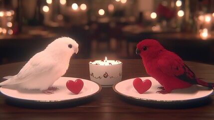 Lovebirds on Plates with Hearts beside Candlelight in Romantic Dinner Setting under Soft Bokeh Lights