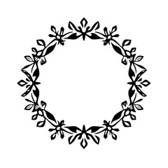 Symmetrical black floral wreath on a white background.