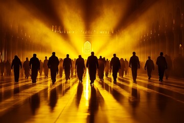 Golden Path of Faith - Silhouettes of people walking towards a bright light in a large hall, creating a spiritual and hopeful atmosphere