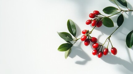 Red berries branch, leaves, white background, sunlight shadow, nature product design