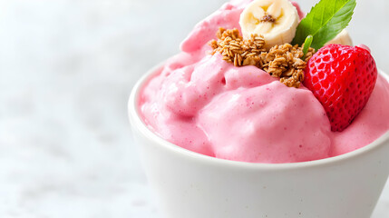Strawberry banana smoothie bowl, healthy breakfast, marble background