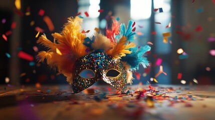 Vibrant party masquerade mask with feathers and confetti
