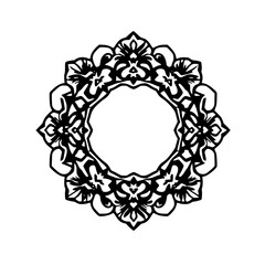 Intricate black and white floral wreath with an open center and a border of stylized flowers.